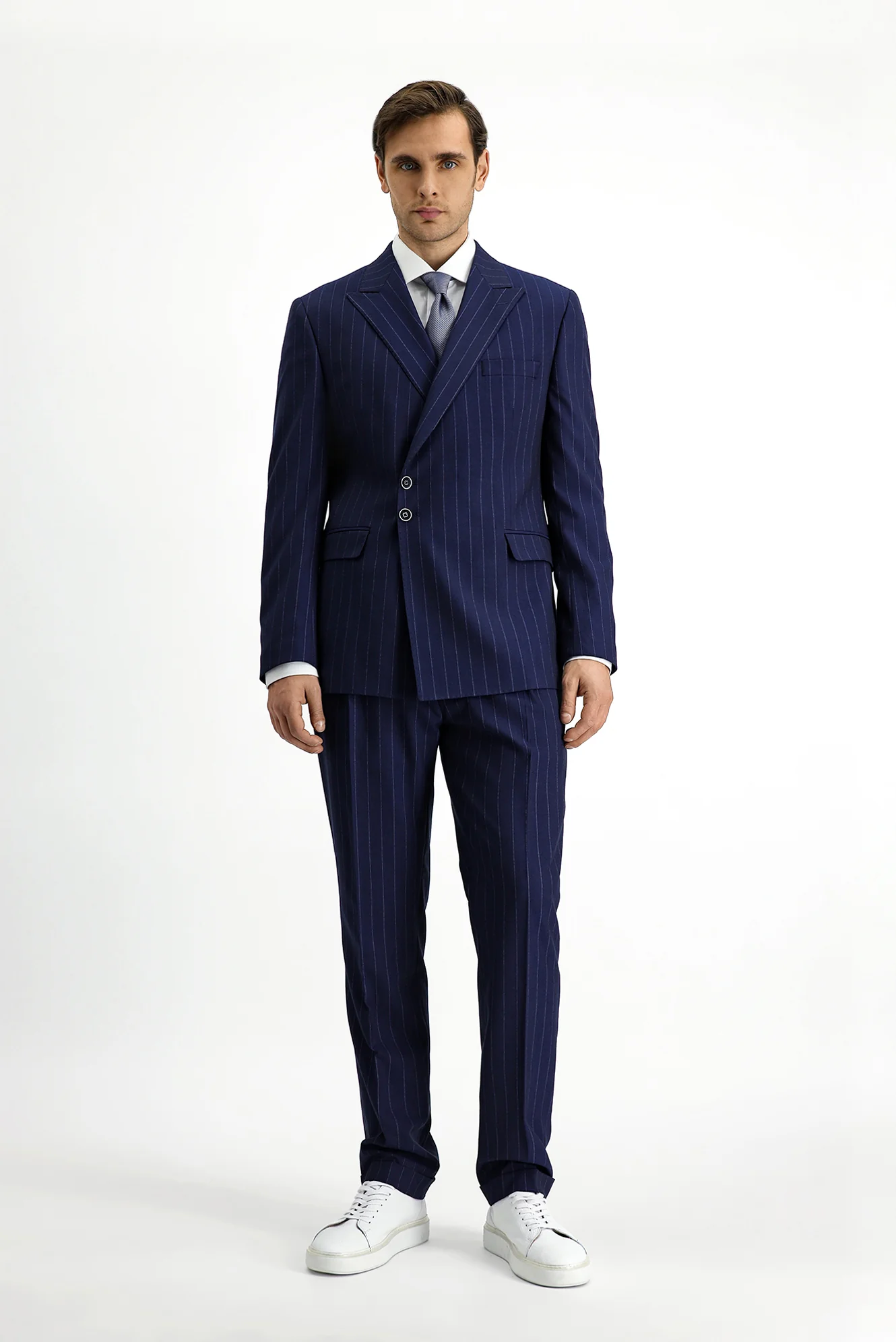 İTALYAN KESİM KRUVAZE ÇİZGİLİ ERKEK TAKIM ELBİSE