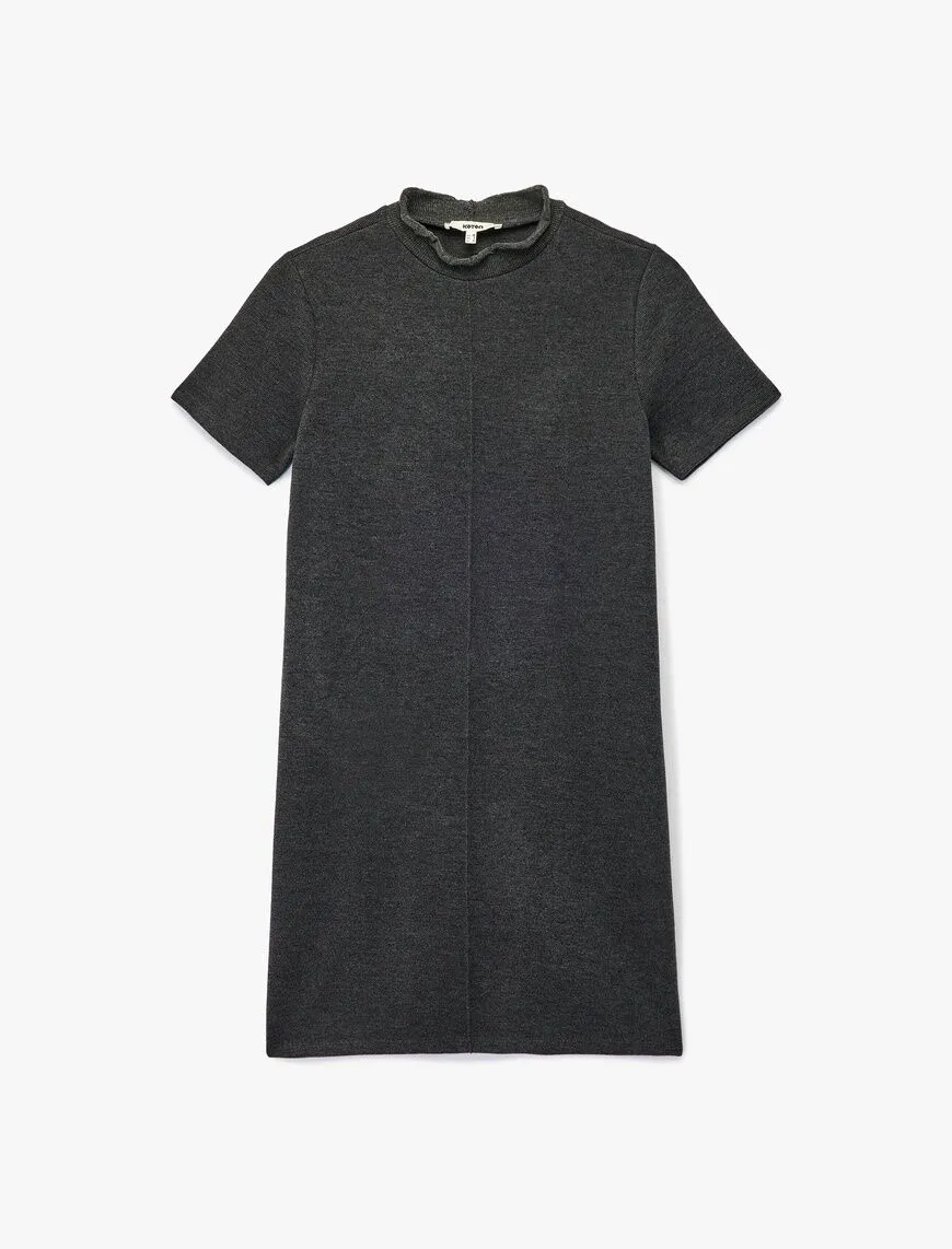 Kadın Antrasit Polo Yaka Mini Boy Örme Elbise 