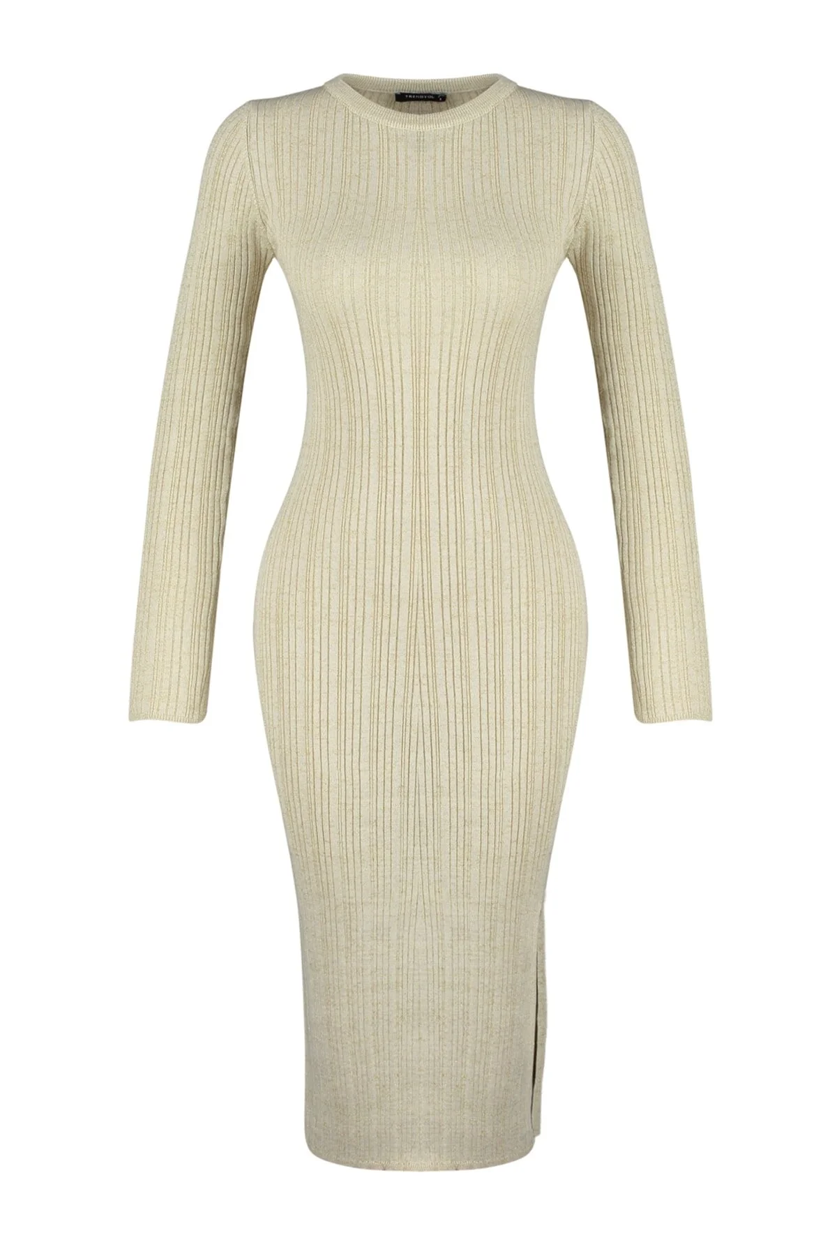 Bej Bisiklet Yaka Saç Örgülü Kadın Triko Midi Elbise