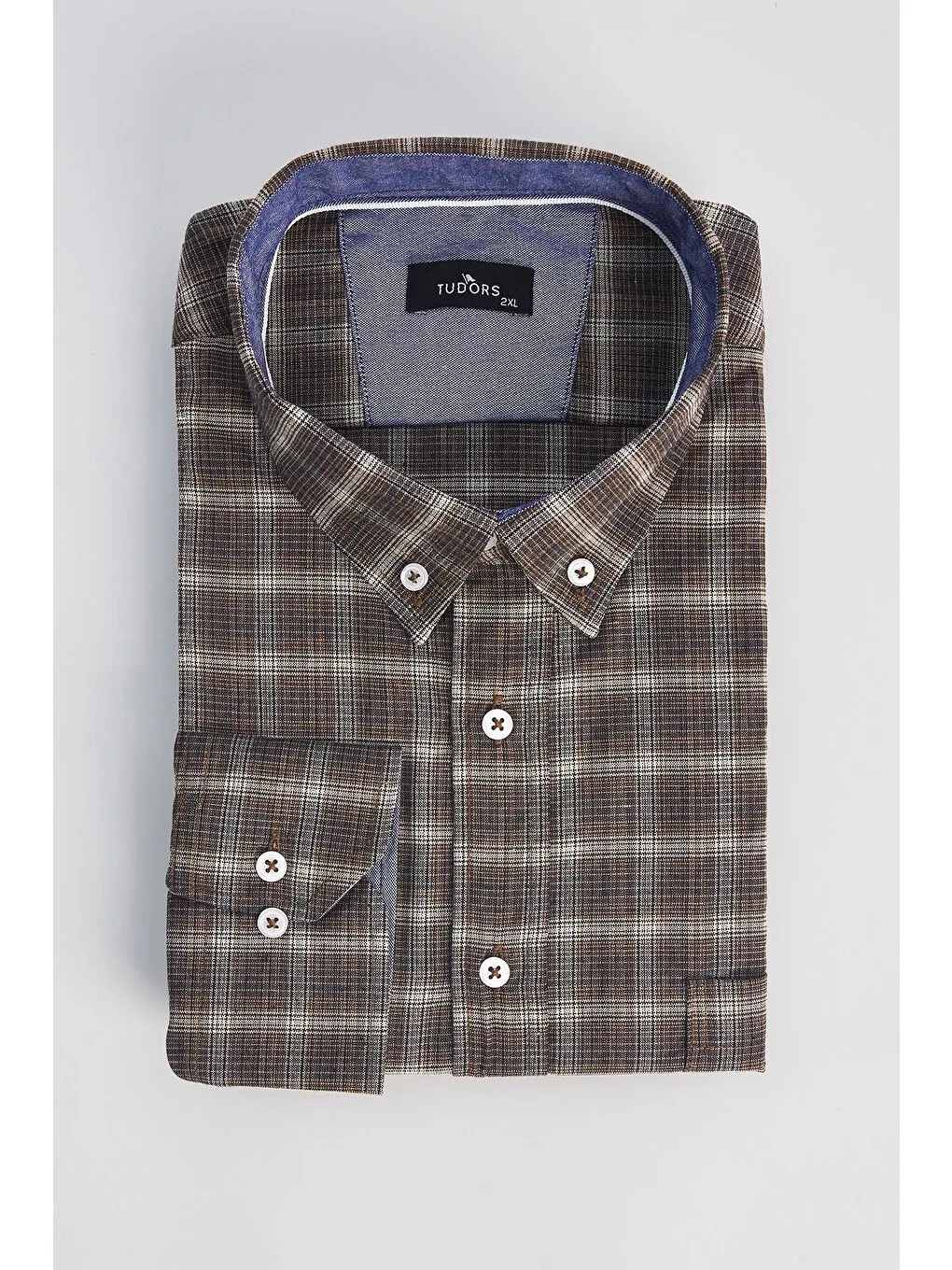 Erkek Big Size Büyük Beden Pamuklu Küçük Kareli Düğmeli Yaka Gömlek