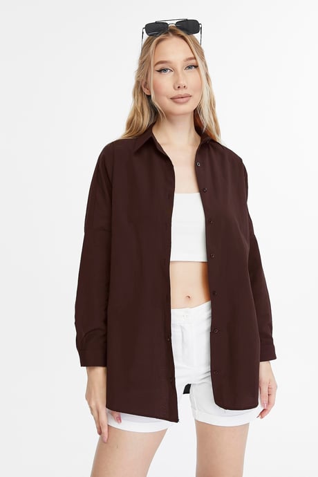 Oversize Uzun Basic Gömlek - Kahverengi