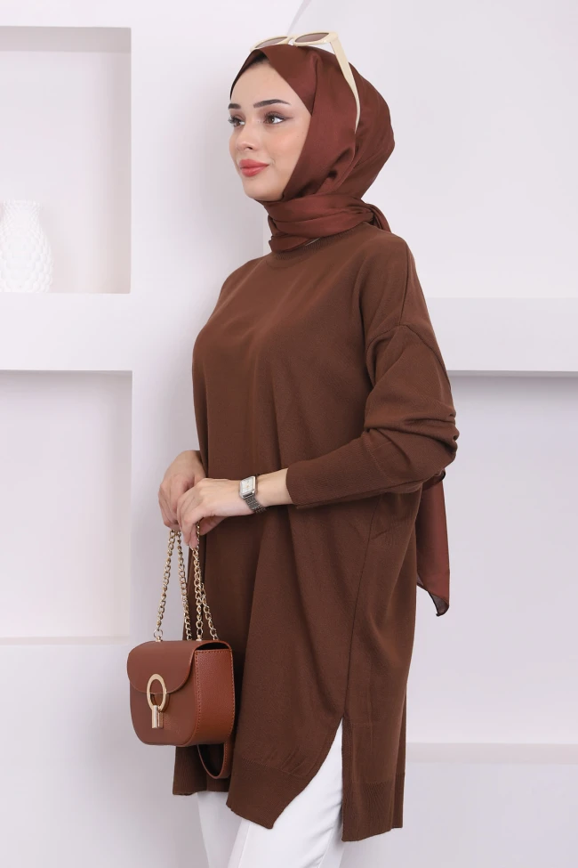 Kahverengi Bisiklet Yaka Merserize Salaş Triko Tunik